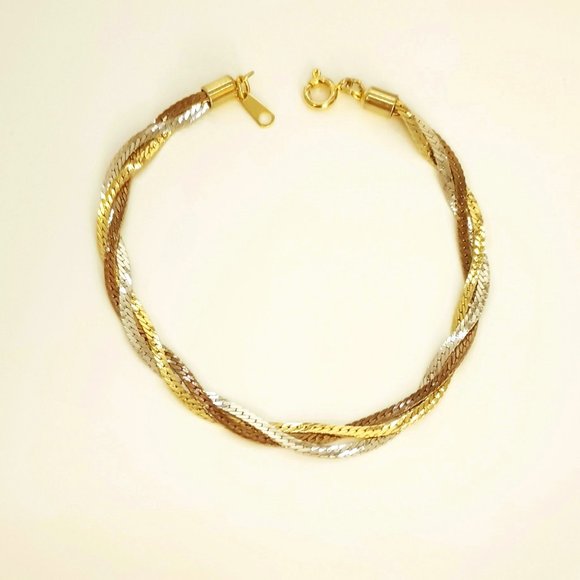 Triple Strand Tri-Tone Bracelet 8" Twisted Serpentine Infinity Bracelet - Picture 3 of 6